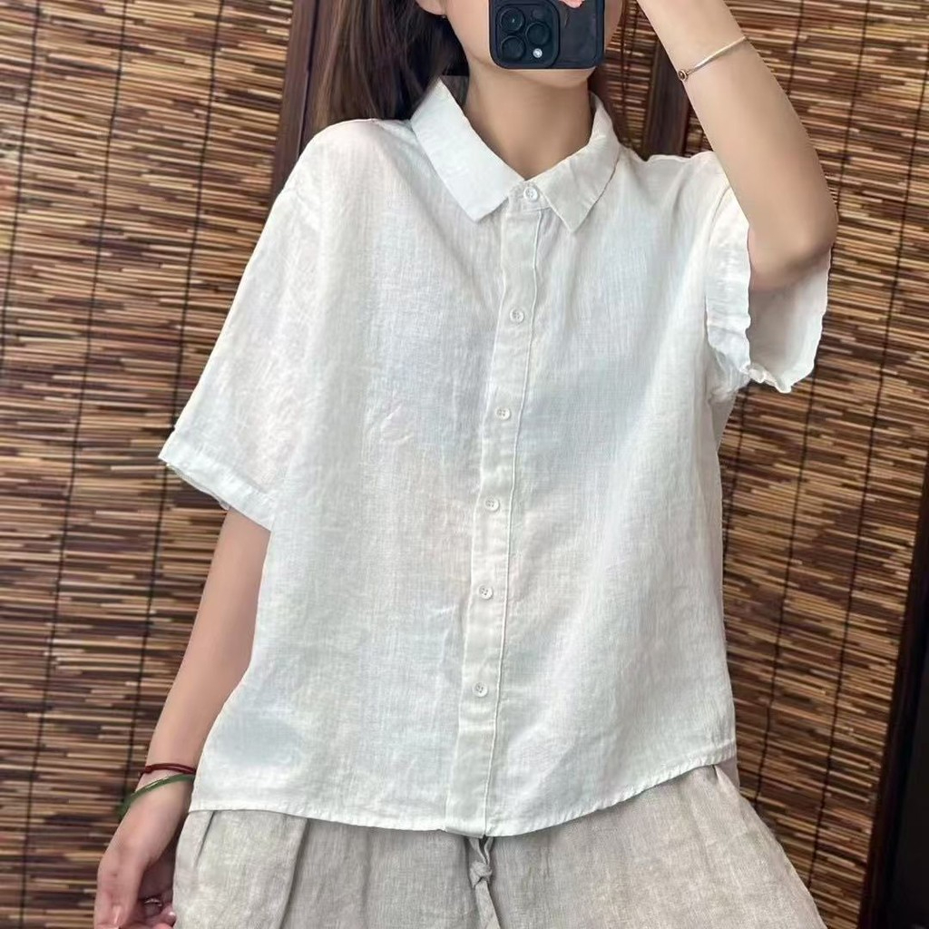Cotton Linen Shirt Thin Summer New Art Casual Solid Color All-Match Lapel Loose Short-Sleeved Top Shirt - White - Image 1