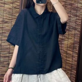 Cotton Linen Shirt Thin Summer New Art Casual Solid Color All-Match Lapel Loose Short-Sleeved Top Shirt - Black - Image 1