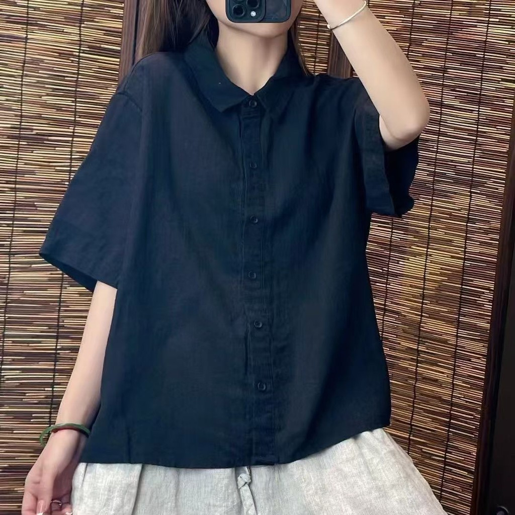 Cotton Linen Shirt Thin Summer New Art Casual Solid Color All-Match Lapel Loose Short-Sleeved Top Shirt - Black - Image 1
