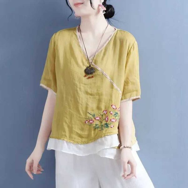 Cotton Linen New Chinese Style Top Amoi Mori Style Color-Blocking Hemming Fake Diagonal Lapel Ethnic Style Shirt Tea Clothes - Yellow