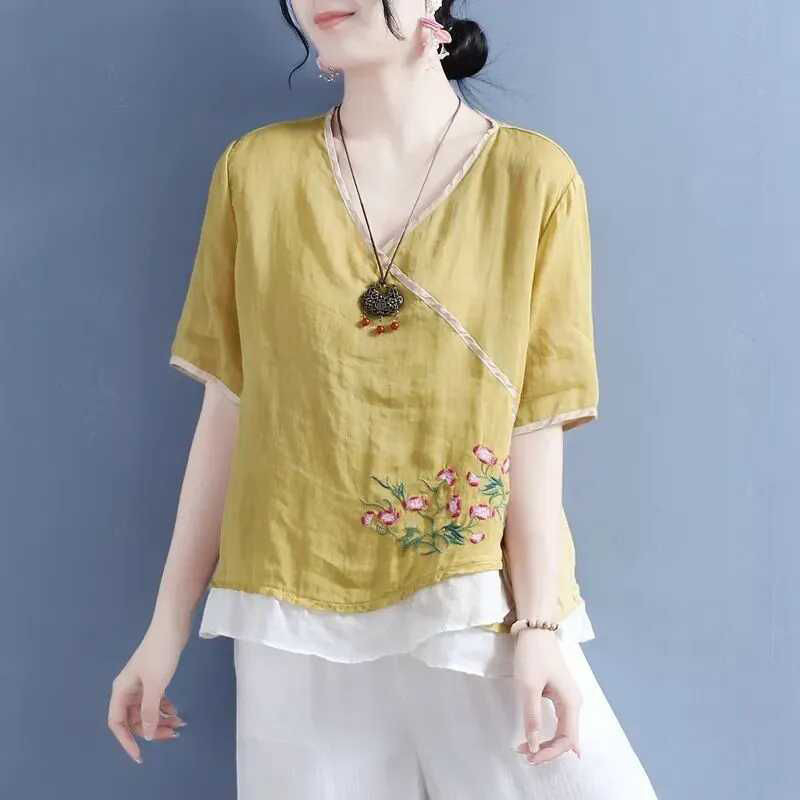 Cotton Linen New Chinese Style Top Amoi Mori Style Color-Blocking Hemming Fake Diagonal Lapel Ethnic Style Shirt Tea Clothes - Yellow - Image 1