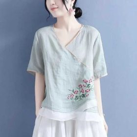 Cotton Linen New Chinese Style Top Amoi Mori Style Color-Blocking Hemming Fake Diagonal Lapel Ethnic Style Shirt Tea Clothes - Light Green - Image 1