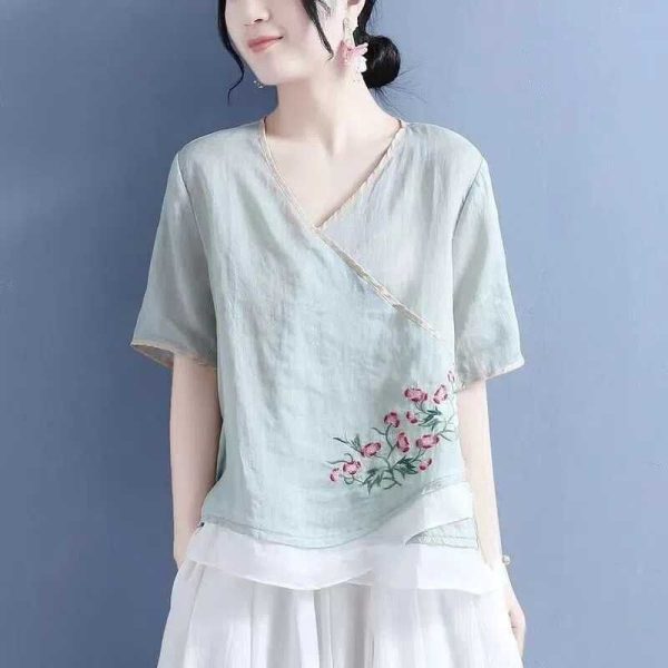 Cotton Linen New Chinese Style Top Amoi Mori Style Color-Blocking Hemming Fake Diagonal Lapel Ethnic Style Shirt Tea Clothes - Light Green