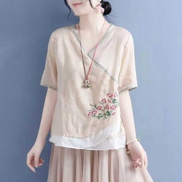 Cotton Linen New Chinese Style Top Amoi Mori Style Color-Blocking Hemming Fake Diagonal Lapel Ethnic Style Shirt Tea Clothes - Apricot
