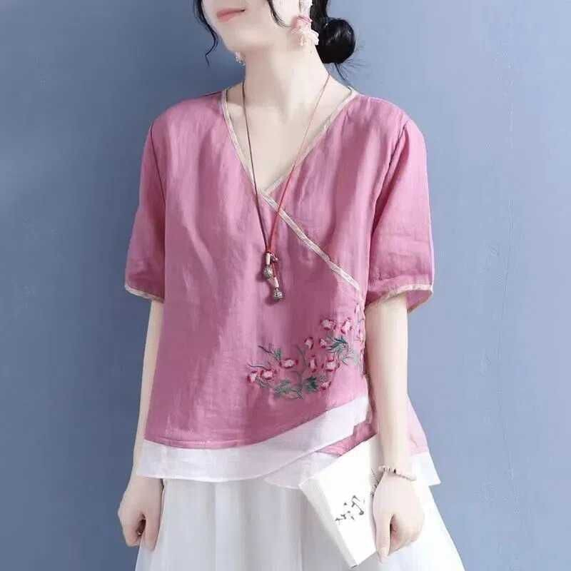 Cotton Linen New Chinese Style Top Amoi Mori Style Color-Blocking Hemming Fake Diagonal Lapel Ethnic Style Shirt Tea Clothes - Rose Red - Image 1