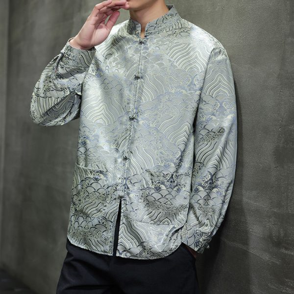 ️ Spring Autumn Tang Suit Shirt Men Long-Sleeved Outer Wear Chinese Style Shirt Retro Buttoned Stand-Up Collar Zhongshan Suit Top xiangyun - Silver Gray