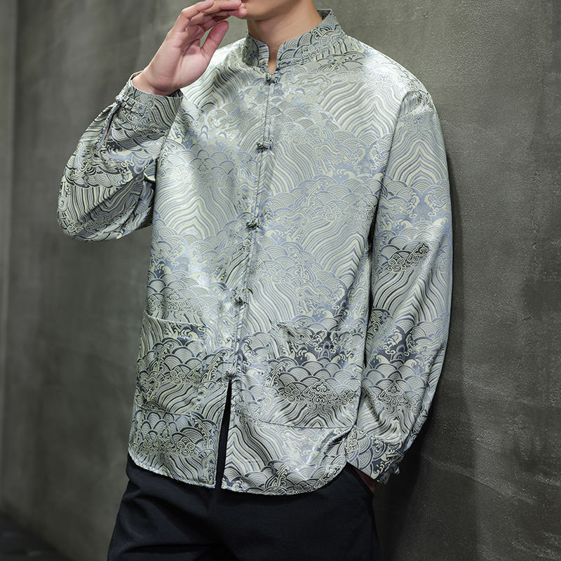 ️ Spring Autumn Tang Suit Shirt Men Long-Sleeved Outer Wear Chinese Style Shirt Retro Buttoned Stand-Up Collar Zhongshan Suit Top xiangyun - Silver Gray - Image 1