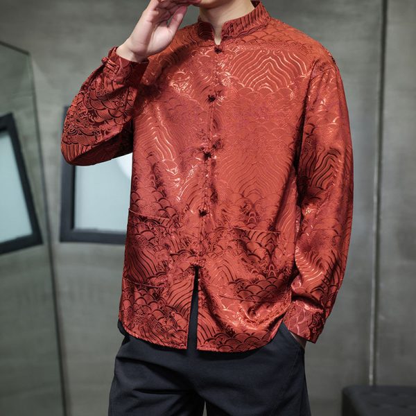 ️ Spring Autumn Tang Suit Shirt Men Long-Sleeved Outer Wear Chinese Style Shirt Retro Buttoned Stand-Up Collar Zhongshan Suit Top xiangyun - Wine Red