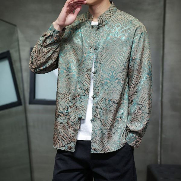 ️ Spring Autumn Tang Suit Shirt Men Long-Sleeved Outer Wear Chinese Style Shirt Retro Buttoned Stand-Up Collar Zhongshan Suit Top xiangyun - Yellow Green