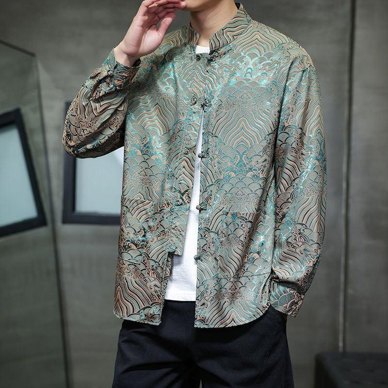 ️ Spring Autumn Tang Suit Shirt Men Long-Sleeved Outer Wear Chinese Style Shirt Retro Buttoned Stand-Up Collar Zhongshan Suit Top xiangyun - Yellow Green - Image 1