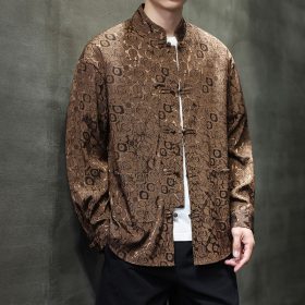 ️ Spring Autumn Tang Suit Shirt Men Long-Sleeved Outer Wear Chinese Style Shirt Retro Buttoned Stand-Up Collar Zhongshan Suit Top - Rose Brown - Image 1