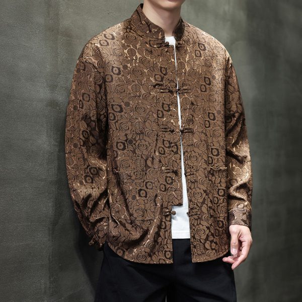 ️ Spring Autumn Tang Suit Shirt Men Long-Sleeved Outer Wear Chinese Style Shirt Retro Buttoned Stand-Up Collar Zhongshan Suit Top - Rose Brown