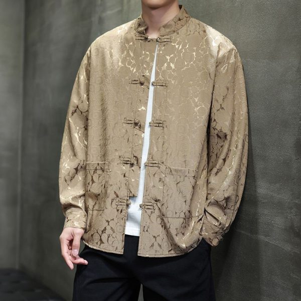 ️ Spring Autumn Tang Suit Shirt Men Long-Sleeved Outer Wear Chinese Style Shirt Retro Buttoned Stand-Up Collar Zhongshan Suit Top - Rose Khaki