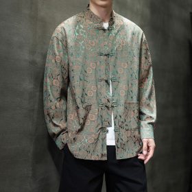 ️ Spring Autumn Tang Suit Shirt Men Long-Sleeved Outer Wear Chinese Style Shirt Retro Buttoned Stand-Up Collar Zhongshan Suit Top - Rose Pink Green - Image 1