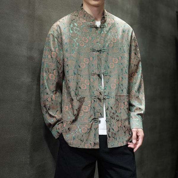 ️ Spring Autumn Tang Suit Shirt Men Long-Sleeved Outer Wear Chinese Style Shirt Retro Buttoned Stand-Up Collar Zhongshan Suit Top - Rose Pink Green