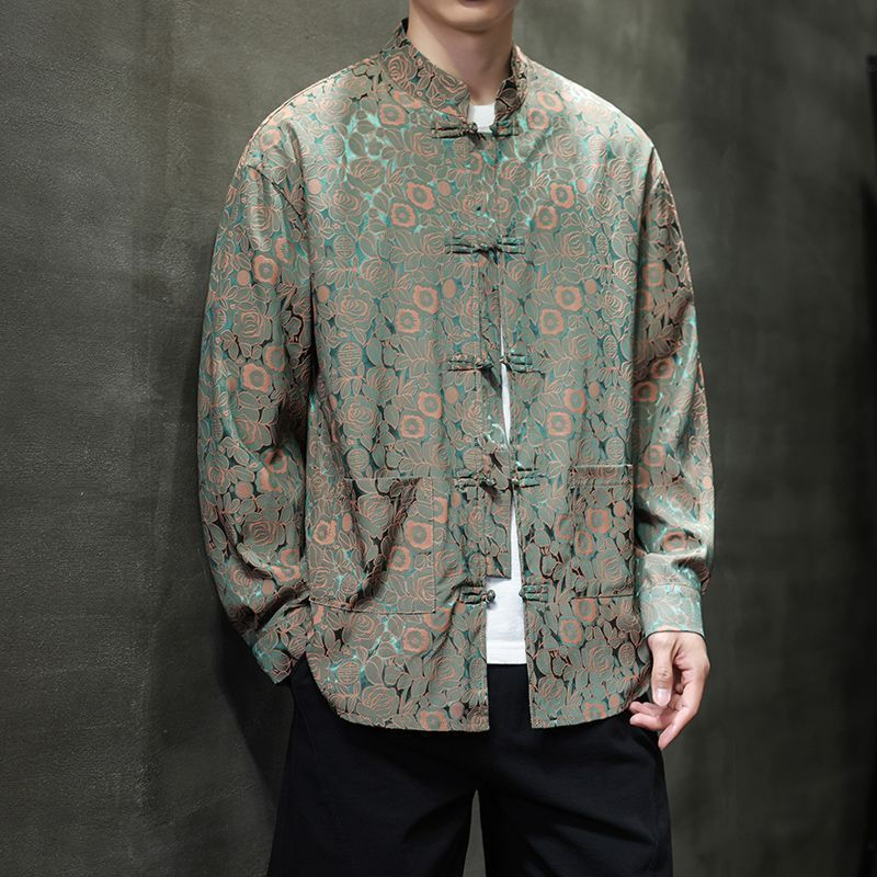 ️ Spring Autumn Tang Suit Shirt Men Long-Sleeved Outer Wear Chinese Style Shirt Retro Buttoned Stand-Up Collar Zhongshan Suit Top - Rose Pink Green - Image 1