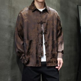 ️ Spring Autumn Tang Suit Shirt Men Long-Sleeved Outer Wear Chinese Style Shirt Retro Buttoned Stand-Up Collar Zhongshan Suit Top - Coffee Lapel - Image 1