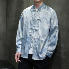 ️ Spring Autumn Tang Suit Shirt Men Long-Sleeved Outer Wear Chinese Style Shirt Retro Buttoned Stand-Up Collar Zhongshan Suit Top - Bamboo Leaf - Image 1