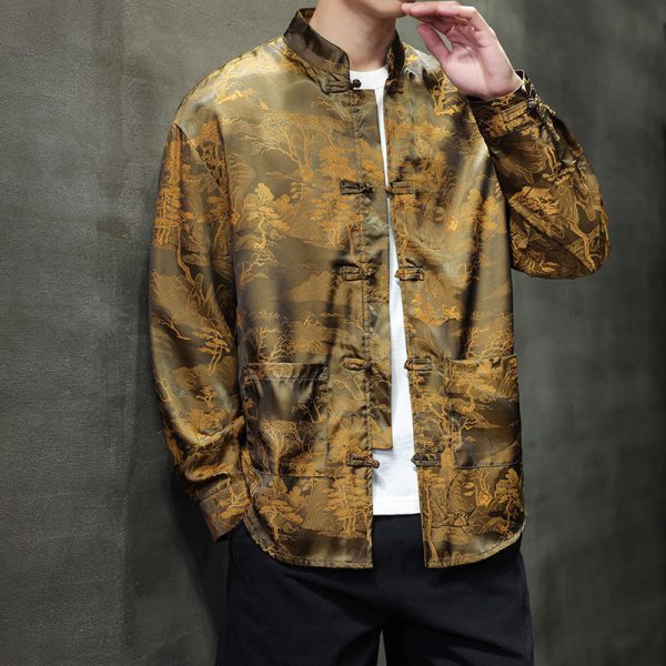 ️ Spring Autumn Tang Suit Shirt Men Long-Sleeved Outer Wear Chinese Style Shirt Retro Buttoned Stand-Up Collar Zhongshan Suit Top - Dark Yellow