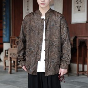 ️ Spring Autumn Tang Suit Shirt Men Long-Sleeved Outer Wear Chinese Style Shirt Retro Buttoned Stand-Up Collar Zhongshan Suit Top xiangyun - Brown - Image 1