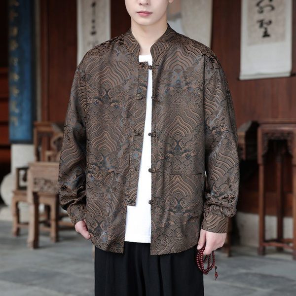 ️ Spring Autumn Tang Suit Shirt Men Long-Sleeved Outer Wear Chinese Style Shirt Retro Buttoned Stand-Up Collar Zhongshan Suit Top xiangyun - Brown