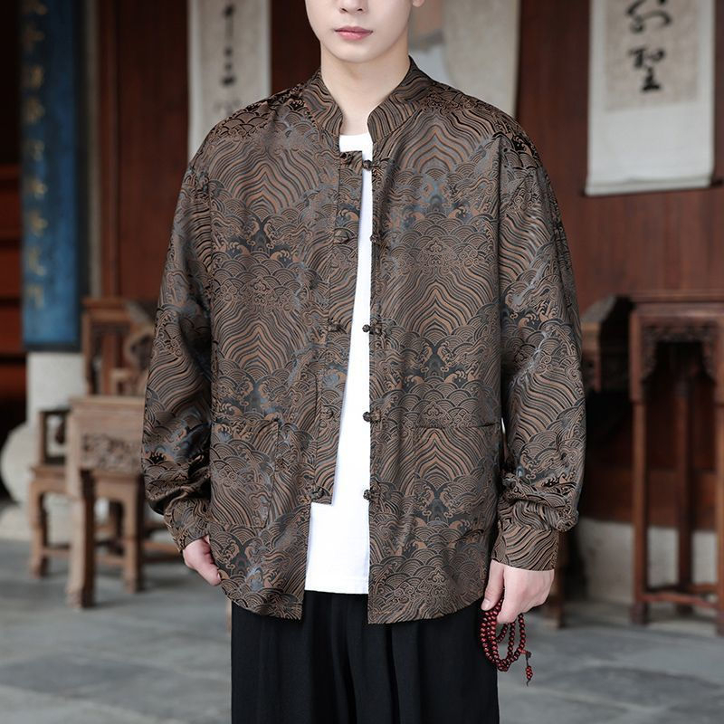 ️ Spring Autumn Tang Suit Shirt Men Long-Sleeved Outer Wear Chinese Style Shirt Retro Buttoned Stand-Up Collar Zhongshan Suit Top xiangyun - Brown - Image 1