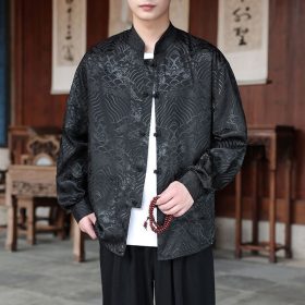 ️ Spring Autumn Tang Suit Shirt Men Long-Sleeved Outer Wear Chinese Style Shirt Retro Buttoned Stand-Up Collar Zhongshan Suit Top xiangyun - Black - Image 1