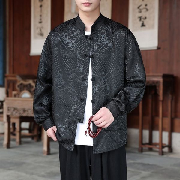 ️ Spring Autumn Tang Suit Shirt Men Long-Sleeved Outer Wear Chinese Style Shirt Retro Buttoned Stand-Up Collar Zhongshan Suit Top xiangyun - Black
