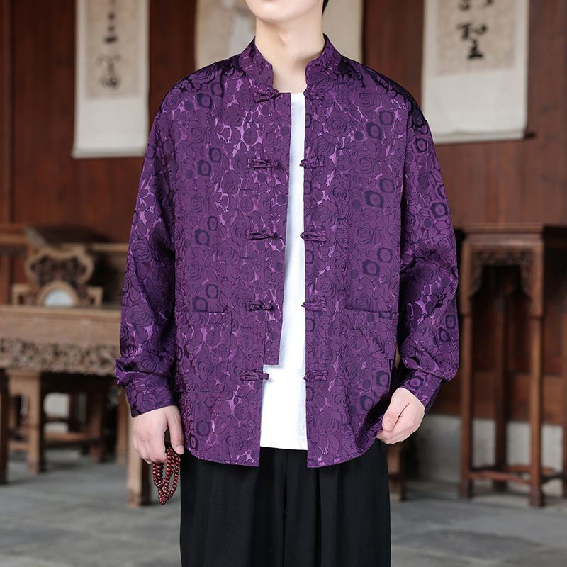 ️ Spring Autumn Tang Suit Shirt Men Long-Sleeved Outer Wear Chinese Style Shirt Retro Buttoned Stand-Up Collar Zhongshan Suit Top - Purple Rose - Image 1