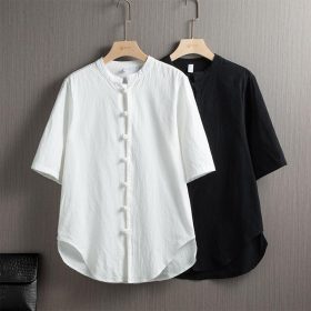 Men's Flax Jacquard Short Sleeve Shirt in China Retro Tops - Black - Image 3