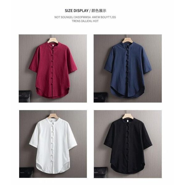 Men's Flax Jacquard Short Sleeve Shirt in China Retro Tops - Black