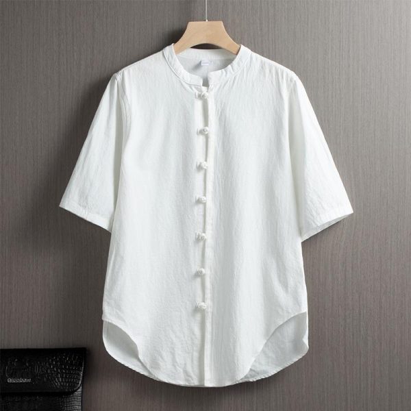 Men's Flax Jacquard Short Sleeve Shirt in China Retro Tops - White