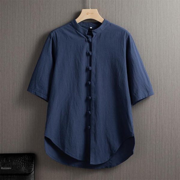 Men's Flax Jacquard Short Sleeve Shirt in China Retro Tops - Navy Blue