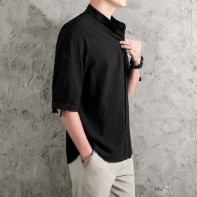 Men's Flax Jacquard 3/4 Long Sleeve Shirt in China Retro Tops - Black - Image 3