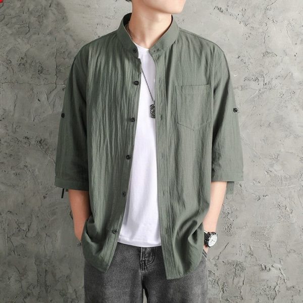 Men's Flax Jacquard 3/4 Long Sleeve Shirt in China Retro Tops - Green