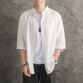 Men's Flax Jacquard 3/4 Long Sleeve Shirt in China Retro Tops - White