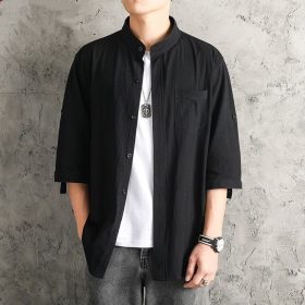 Men's Flax Jacquard 3/4 Long Sleeve Shirt in China Retro Tops - Black