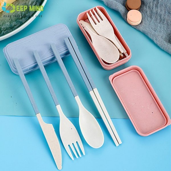 Portable Wheat Cutlery Set Travel Spoon Fork Chopstick Box / Spoon Set / Door gift / Wedding gift - Pink