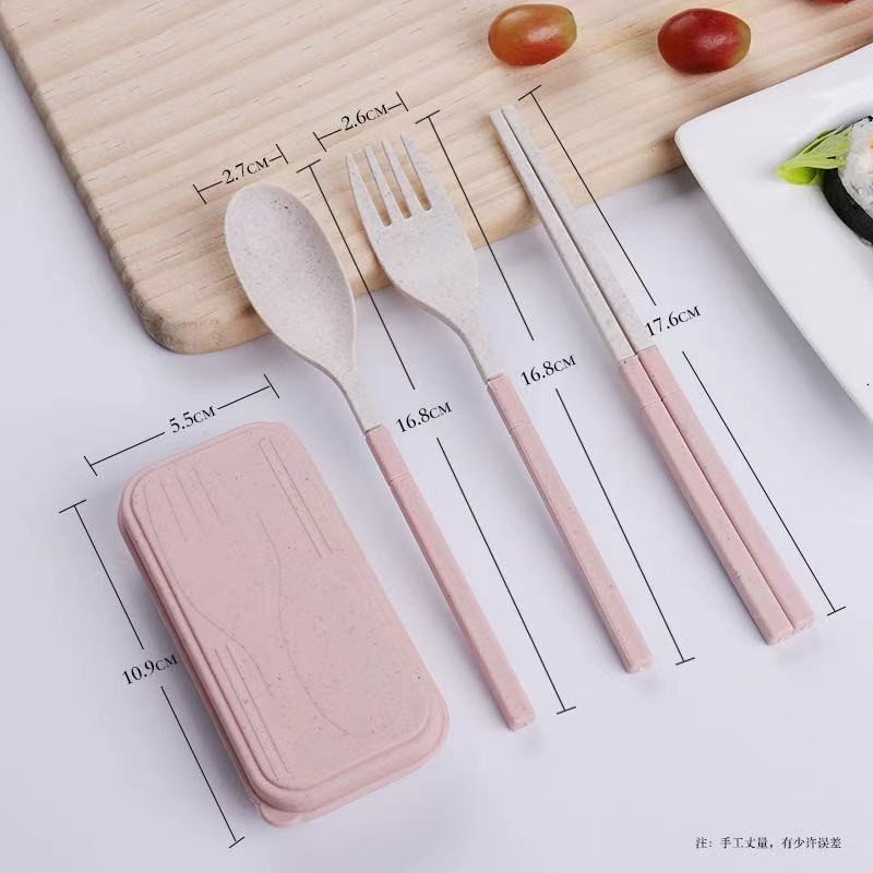 Portable Wheat Cutlery Set Travel Spoon Fork Chopstick Box / Spoon Set / Door gift / Wedding gift - Pink - Image 1