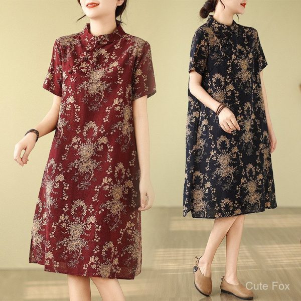 Chinese Style qipao CNY Clothes 2026 Cheongsam Dress Women Plus size dress - Navy Blue