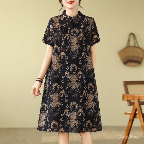 Chinese Style qipao CNY Clothes 2026 Cheongsam Dress Women Plus size dress - Navy Blue