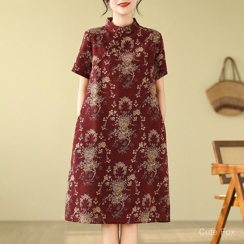 Chinese Style qipao CNY Clothes 2026 Cheongsam Dress Women Plus size dress - Wine Red - Image 1