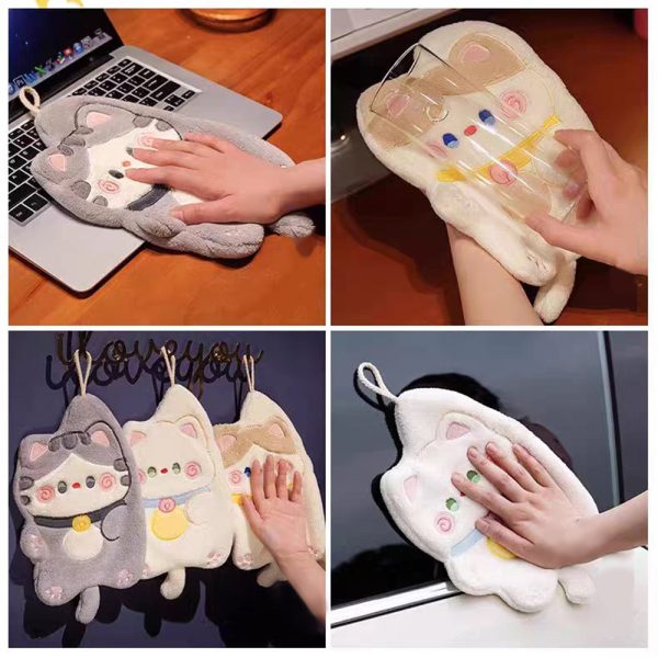 Children's Hanging Fortune Cat Hand Towel Quick Drying Toilet Cloth Cute Water Cartoon Kitchen - White
