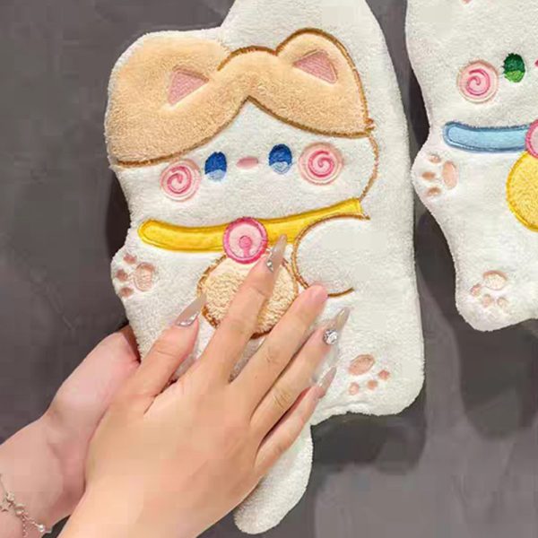 Children's Hanging Fortune Cat Hand Towel Quick Drying Toilet Cloth Cute Water Cartoon Kitchen - White