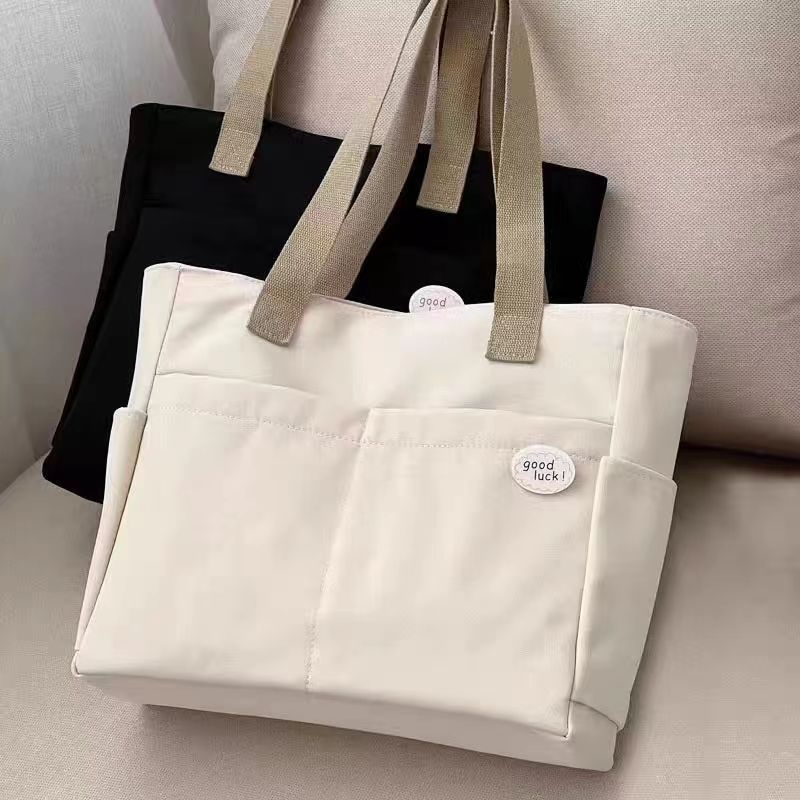 Japanese Canvas Waterproof Bag Multi-Pocket Large-Capacity Student Tote Casual Literary Woman Bag - Milk Tea - Image 3