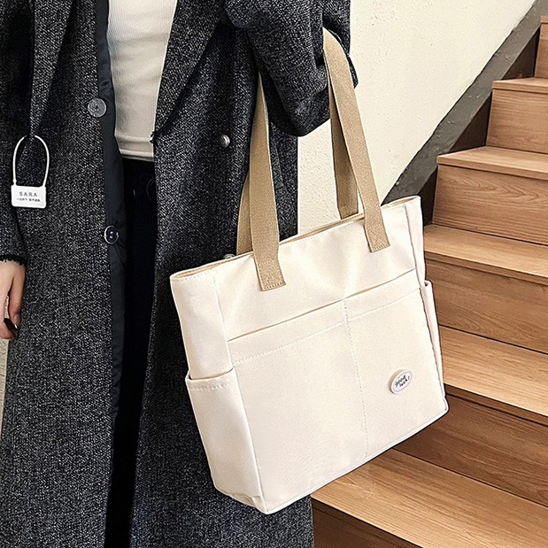 Japanese Canvas Waterproof Bag Multi-Pocket Large-Capacity Student Tote Casual Literary Woman Bag - Milk Tea - Image 4