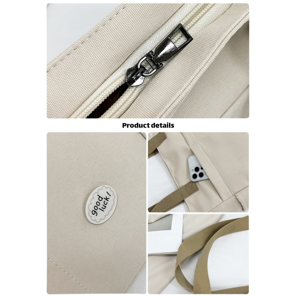 Japanese Canvas Waterproof Bag Multi-Pocket Large-Capacity Student Tote Casual Literary Woman Bag - Milk Tea - Image 5