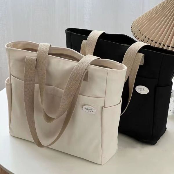 Japanese Canvas Waterproof Bag Multi-Pocket Large-Capacity Student Tote Casual Literary Woman Bag - Milk Tea
