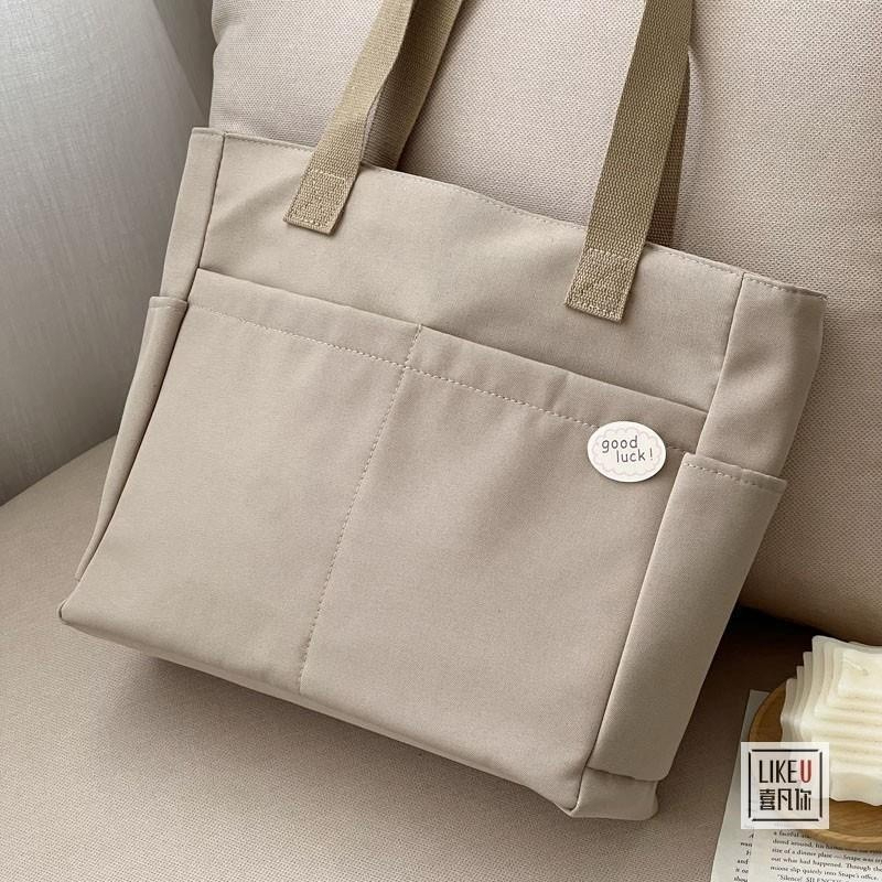 Japanese Canvas Waterproof Bag Multi-Pocket Large-Capacity Student Tote Casual Literary Woman Bag - Milk Tea - Image 1