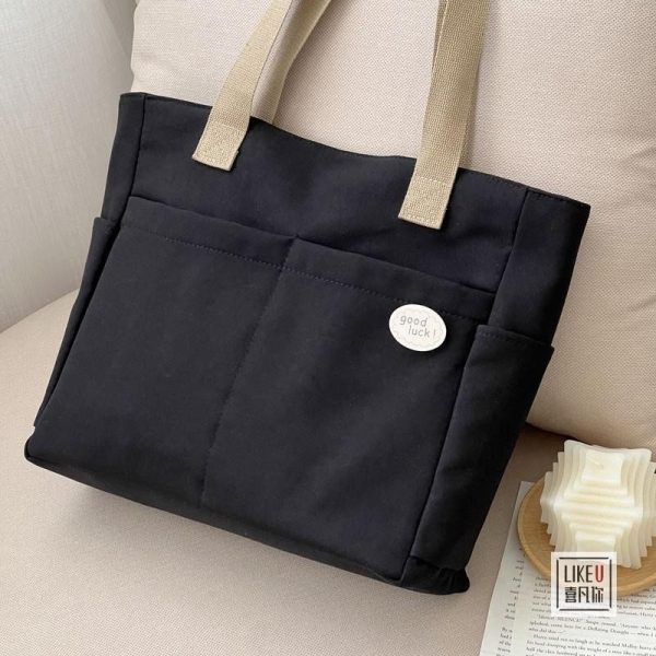 Japanese Canvas Waterproof Bag Multi-Pocket Large-Capacity Student Tote Casual Literary Woman Bag - Black